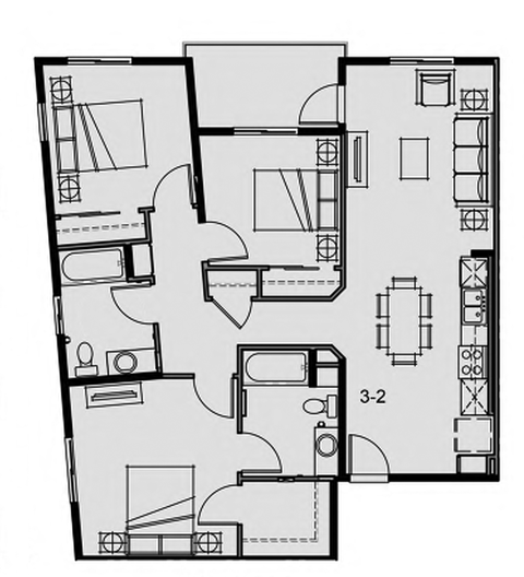 Floor plan for 3 beds, 2 baths, 1146 sqft